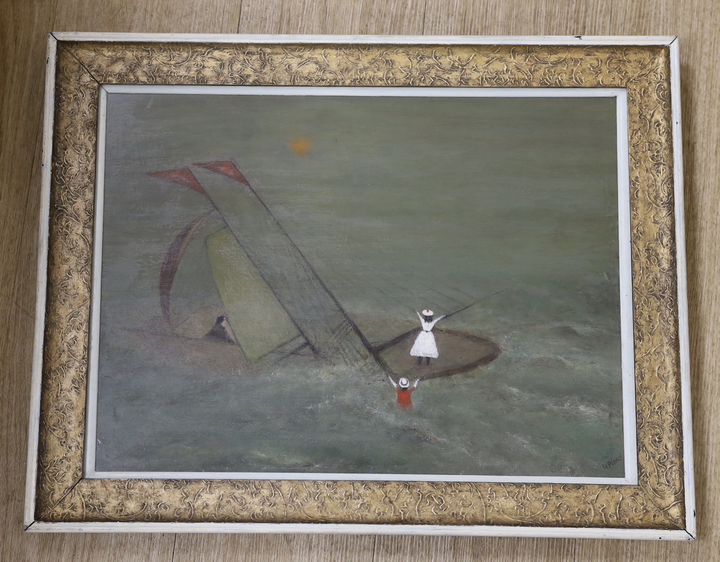 H. Perry, oil on board, Yacht in distress, signed, 35 x 48cm